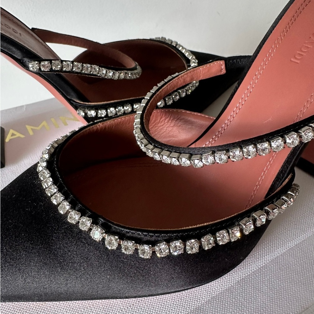 Amina Muaddi Black Satin Gilda Heels Pumps with Crystal Accents - Picture 6 of 13